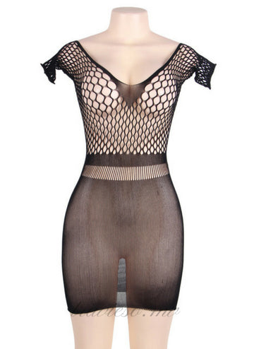Black Mesh Hollow-out Mini Chemise Bodystocking