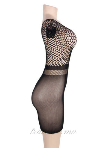 Black Mesh Hollow-out Mini Chemise Bodystocking
