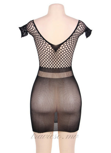 Black Mesh Hollow-out Mini Chemise Bodystocking