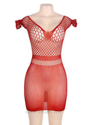 Red Mesh Hollow-out Chemise Bodystocking