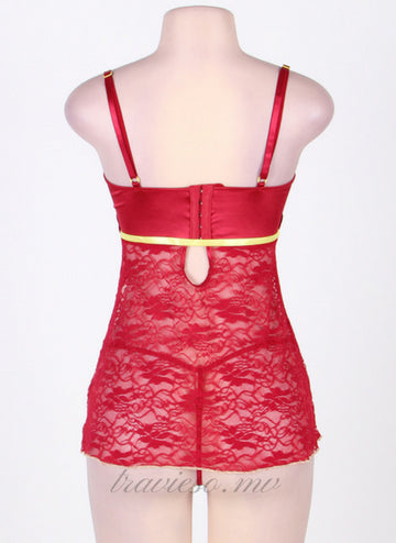 Erotic Dark Red Floral Lace Lingerie Set
