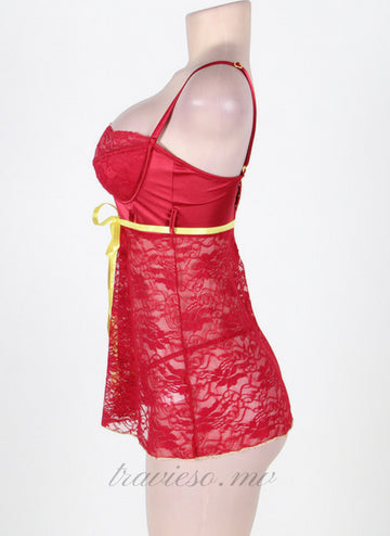 Erotic Dark Red Floral Lace Lingerie Set