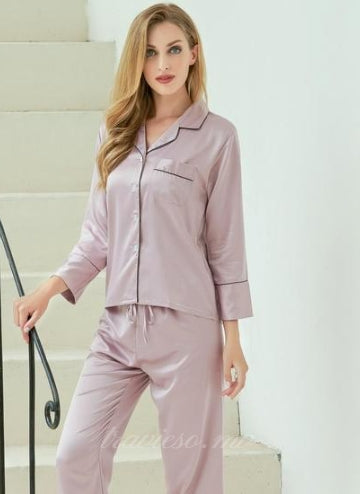 Mauve Satin Pajamas with Ankle-Length Pants