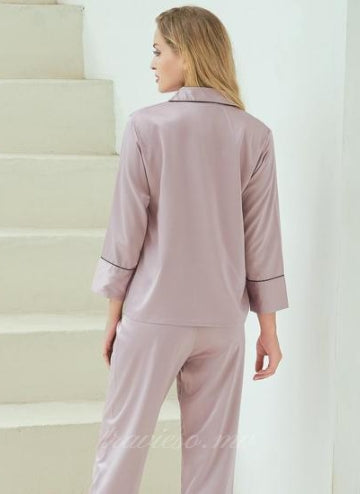 Mauve Satin Pajamas with Ankle-Length Pants