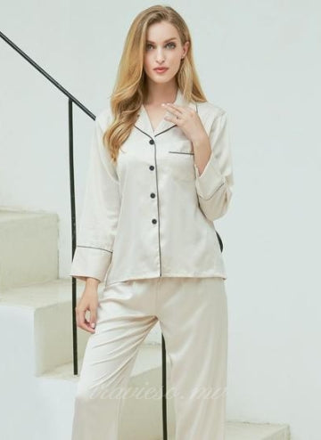 Champagne Satin Pajamas with Ankle-Length Pants