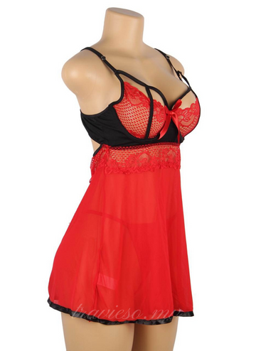 Red Short Lace Sleepwear with Underwire