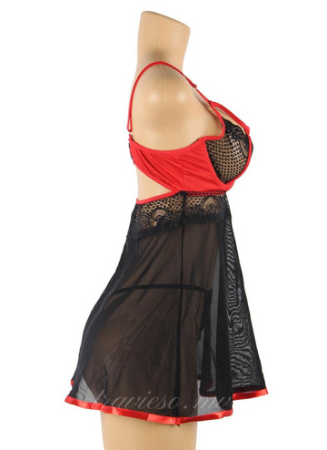 Black Red Short Lace Sleepwear with Underwire