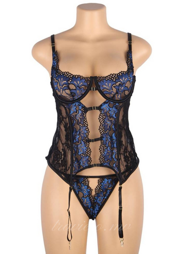Lace Stitching Garter Set With Underwire