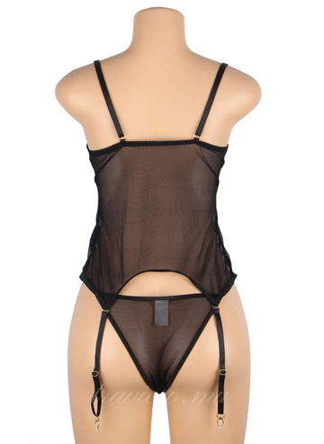 Lace Stitching Garter Set With Underwire