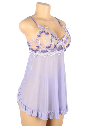 Sexy Purple Back Slit Embroidery Babydoll