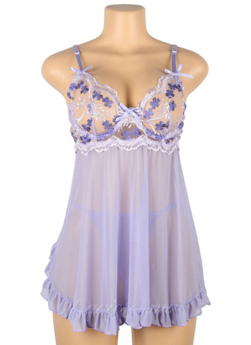 Sexy Purple Back Slit Embroidery Babydoll