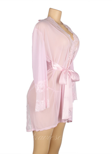 Pink Lace Sexy Hollow Out Back Robe with Panties