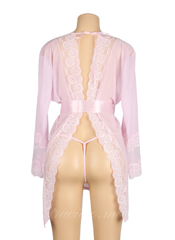 Pink Lace Sexy Hollow Out Back Robe with Panties