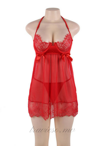 Sheer Floral Red Eyelash Trim Lace Babydoll Set