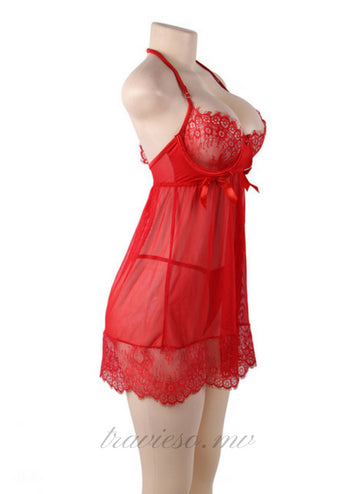 Sheer Floral Red Eyelash Trim Lace Babydoll Set