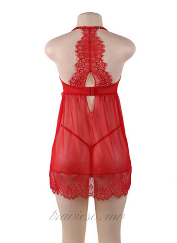 Sheer Floral Red Eyelash Trim Lace Babydoll Set