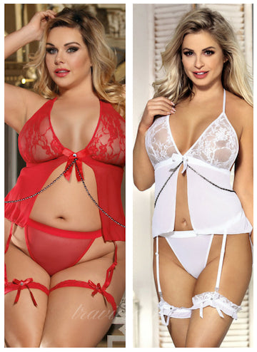 Sheer Mesh Babydoll Lingerie Garter Set